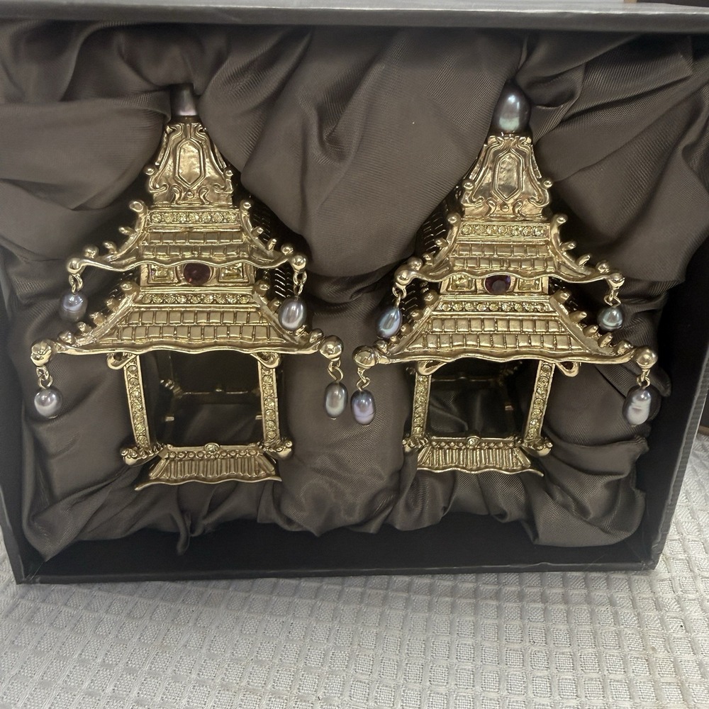 Set 2 L'Objet Pagoda Napkin Jewels Rings Holders 24K Gold Plated Crystals Pearls